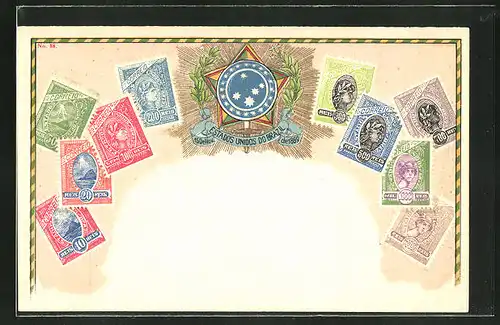 Präge-AK Brasilien, Briefmarken mit verschiedenen Werten, Estados do Brazil de 1889, Wappen
