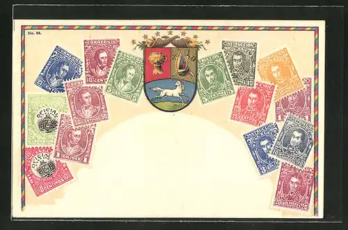 Präge-AK Venezuela, Briefmarken mit verschiedenen Werten, Wappen