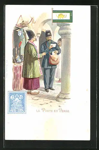 Lithographie La Poste en Persen, persicher Briefträger, Postbote, Iran
