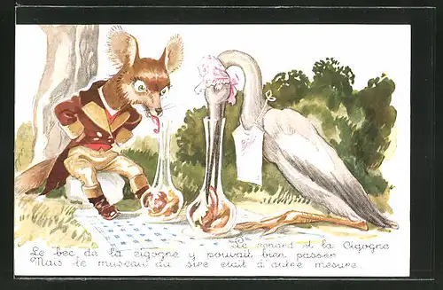 Künstler-AK "Le renard et la Cigogne...", Fuchs und Storch