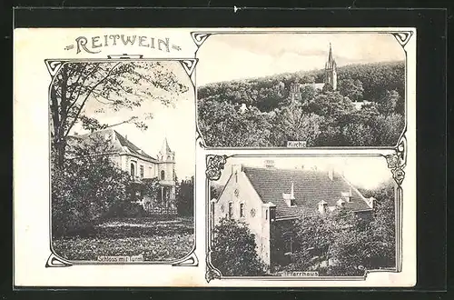 AK Reitwein, Schloss mit Turm, Pfarrhaus, Kirche