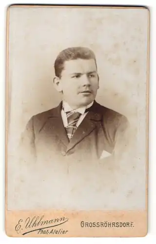 Fotografie E. Uhlmann, Grossröhrsdorf, Portrait junger Mann mit gestreifter Krawatte im Jackett
