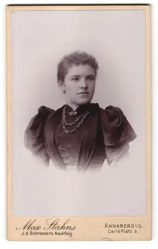 Fotografie Max Stahns, Annaberg i. / S., Portrait junge mit Halskette Frau im Kleid mit Puffärmeln