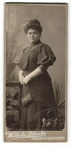 Fotografie Wilhelm Schuster, Johann Georgenstadt, Portrait Frau mit Hochsteckfrisur und Handschuhen