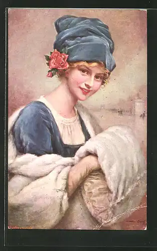 Künstler-AK sign. Martin-Kavel: Junge Frau mit blauem Hut und Pelzmuff, "Die Pariserin"