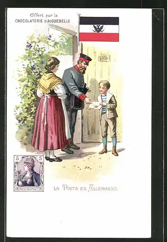 AK Junge übergibt dem Briefträger einen Brief, "La Poste an Allemagne", Briefmarke Reichspost, Flagge