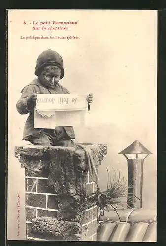 AK 4. Le Petit Ramoneur, Sur la cheminee, kleiner Schornsteinfeger mit Zeitung
