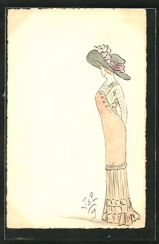 Künstler-AK Handgemalt: Elegante Dame mit Hut, Jugendstil