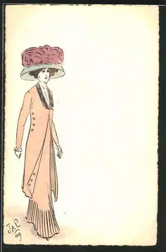 Künstler-AK Handgemalt: Elegante Dame mit grossem Hut, Jugendstil