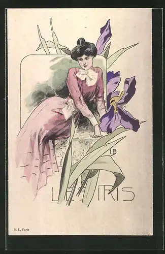 Künstler-AK "Les Iris", junge hübsche Dame und Lilie, Jugendstil