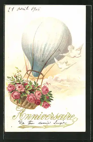 Lithographie Ballon mit Rosen im Korb
