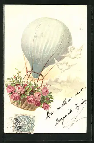 Lithographie Ballon mit Rosen im Korb und weissen Tauben