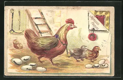 AK Huhn mit Eiern und Küken