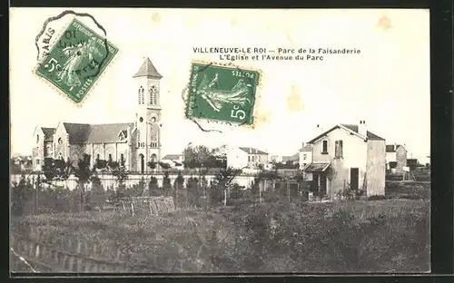 AK Villeneuve-le-Roi, Parc de la Faisanderie, L'Eglise et l'Avenue du Parc