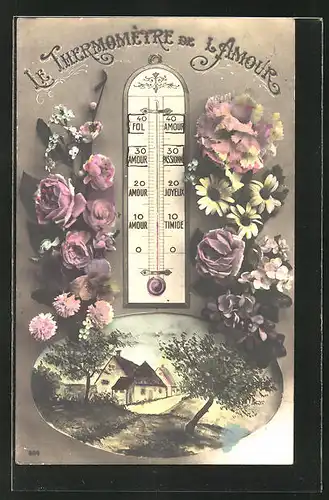 AK Le Thermometre de l'Amour, Liebesthermometer mit Blumen