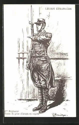 Künstler-AK Legion Etrangere, 4me Regiment Tenue de prise d'armes en capote, Infanterie
