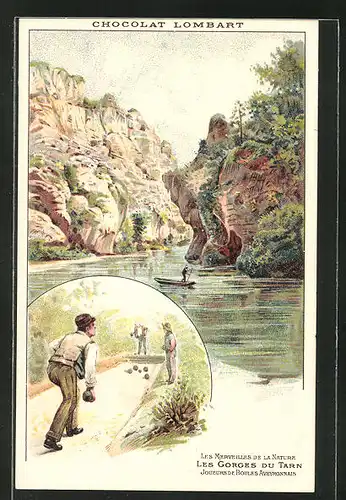 Lithographie Les Merveilles de la Natur, les Gorges du Tarn, Joueurs de Boules, Chocolat Lombart