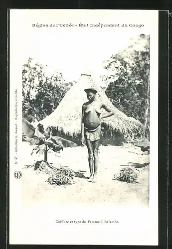 AK Congo, Coiffure et type de Femme à Balambo, afrikanische nackte Frau vor einer Strohhütte