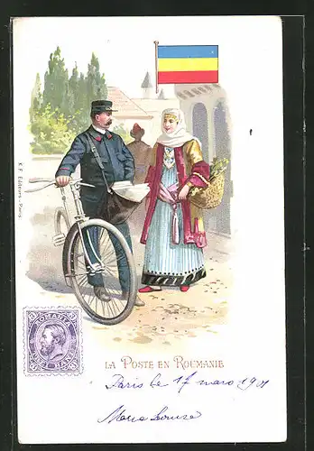 Lithographie La Poste en Roumanie, Briefträger mit Fahrrad