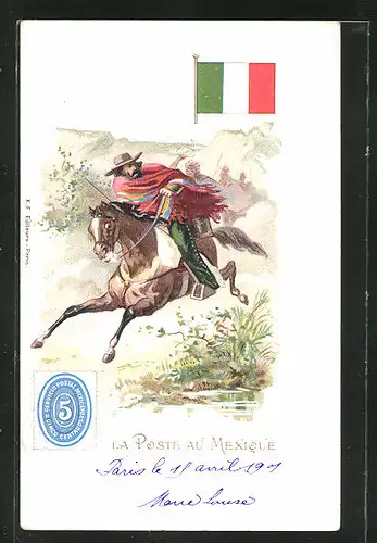 Lithographie La Poste au Mexique, berittener Briefträger flieht vor Indianern