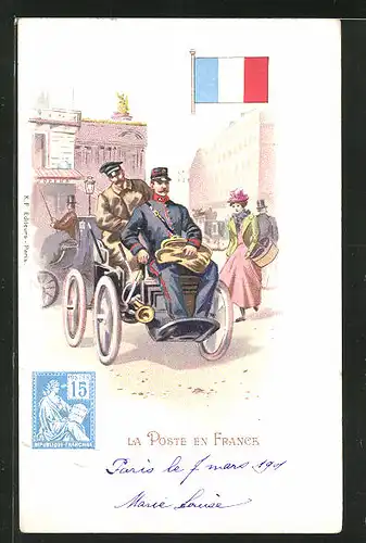 Lithographie La Poste en France, Briefträger fährt im Auto