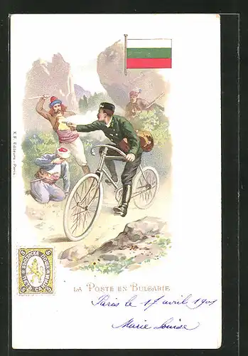 Lithographie La Poste en Bulgarie, Briefträger mit Pistole auf dem Fahrrad