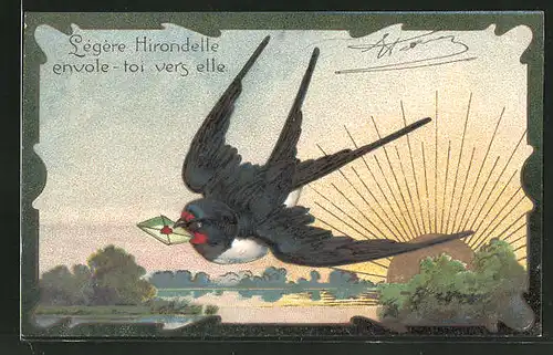 Präge-AK Schwalbe mit Brief im Schnabel beim Flug