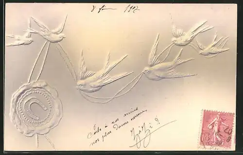 Präge-AK Schwalben im Flug mit einem Hufeisen-Siegel