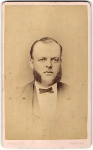 Fotografie H. F. Plate, Hamburg, Portrait junger Mann mit Kotelettenbart und Fliege im Jackett