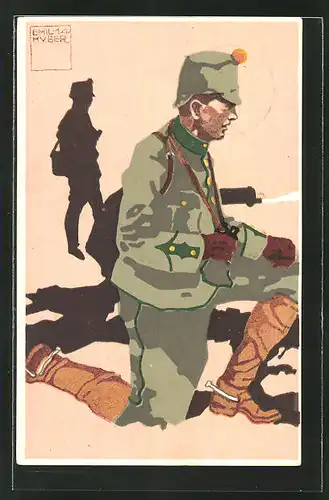 Künstler-AK sign. Emil Huber: 2. schweizer Infanterie-Mitrailleure Lieutnant in Uniform