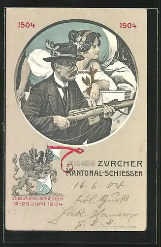 AK Zürich, Kanontal-Schiessen 12.-20. Juni 1904, Mann mit Gewehr und Drau in weissem Kleid im Hintergrund