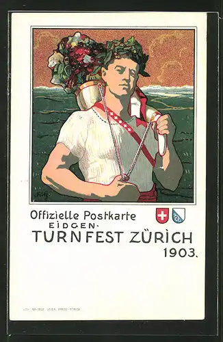 AK Zürich, eidg. Turnfest 1903, muskulöser Sportler mit Lorbeerkranz schultert Horn mit Blumen