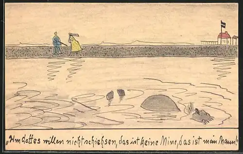 Künstler-AK Handgemalt: "Um Gottes willen nicht schiessen...", Dicker Mann treibt im Wasser