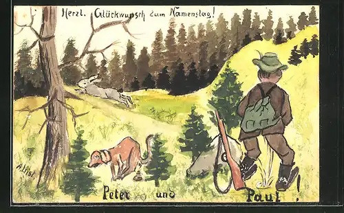 Künstler-AK Handgemalt: "Peter und Paul!", urinierender Jäger und flüchtender Hase, Jagdhumor