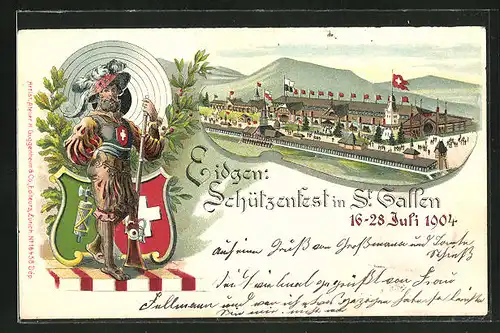 Lithographie St. Gallen, Schützenfest 1904, Festhalle, Schütze mit Muskete