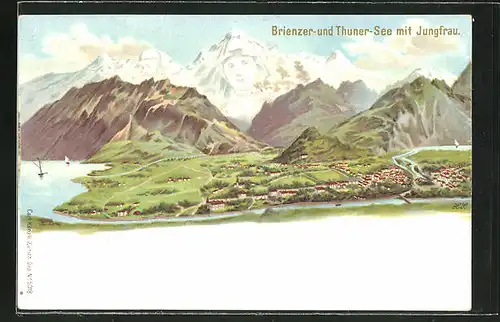 Lithographie Künzli Nr. 5018, Brienzer und Thuner-See mit Jungfrau, Berg mit Gesicht / Berggesicht, Berggesichter