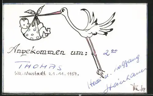 Künstler-AK Handgemalt: Klapperstorch bringt Neugeborenes