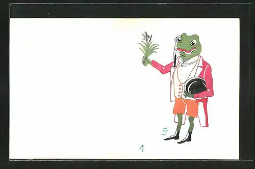 Künstler-AK Handgemalt: Frosch als Kavalier mit Blume