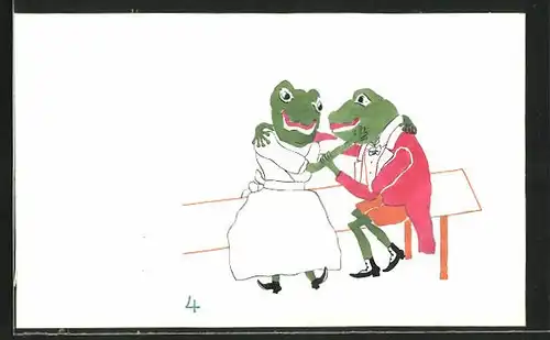 Künstler-AK Handgemalt: Froschkavalier Arm in Arm mit Froschdame