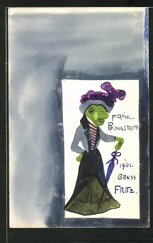 Künstler-AK Handgemalt: Frosch-Dame wünscht fröhliche Pfingsten 1901