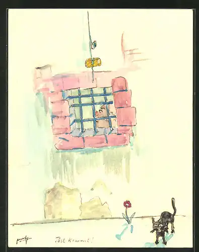 Künstler-AK Handgemalt: "Post kommt!", Häftling am vergitterten Gefängnisfenster