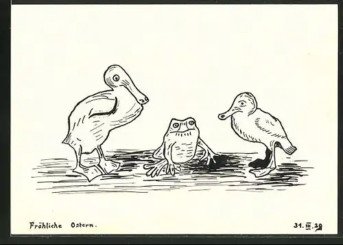 Künstler-AK Handgemalt: "Fröhliche Ostern", Zwei Enten und ein Frosch