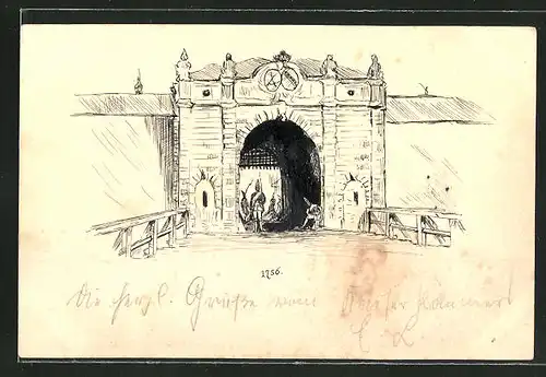 Künstler-AK Handgemalt: Burgeingang mit Soldaten auf Wachposten im Jahr 1756
