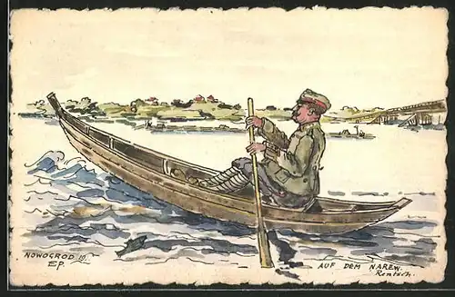 Künstler-AK Handgemalt: Nowgorod, Soldat in einem Ruderboot mit Ortsansicht und Brücke im Hintergrund