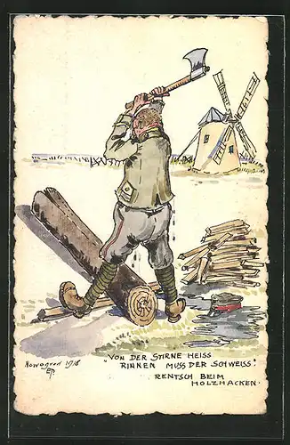 Künstler-AK Handgemalt: Nowgorod, Soldat mit Axt beim holzhacken, Windmühle im Hintergrund