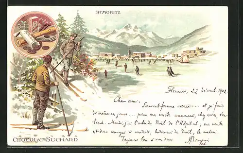 Lithographie St. Moritz, Schlittschuhläufer auf dem vereisten See, Reklame für Chocolat Suchard