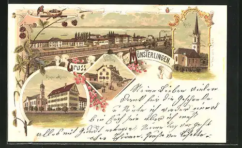 Lithographie Münsterlingen, Gasthaus-Pension Schelling, Kloster und Kirche