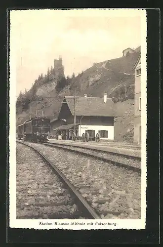 AK Blausee-Mitholz, Bahnhof gegen die Felsenburg