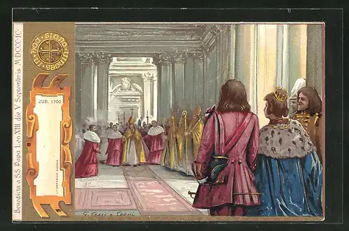 Künstler-AK Benedicta a S.S. Papa Leo XIII., Papst Leo XIII. mit seinem Gefolge