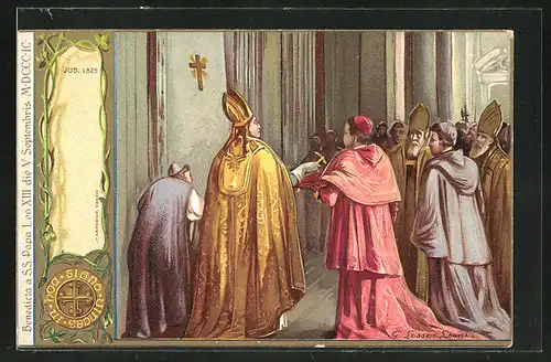 Künstler-AK Benedicta a S.S. Papa Leo XIII., Papst Leo XIII. im Gespräch mit anderen Geistlichen